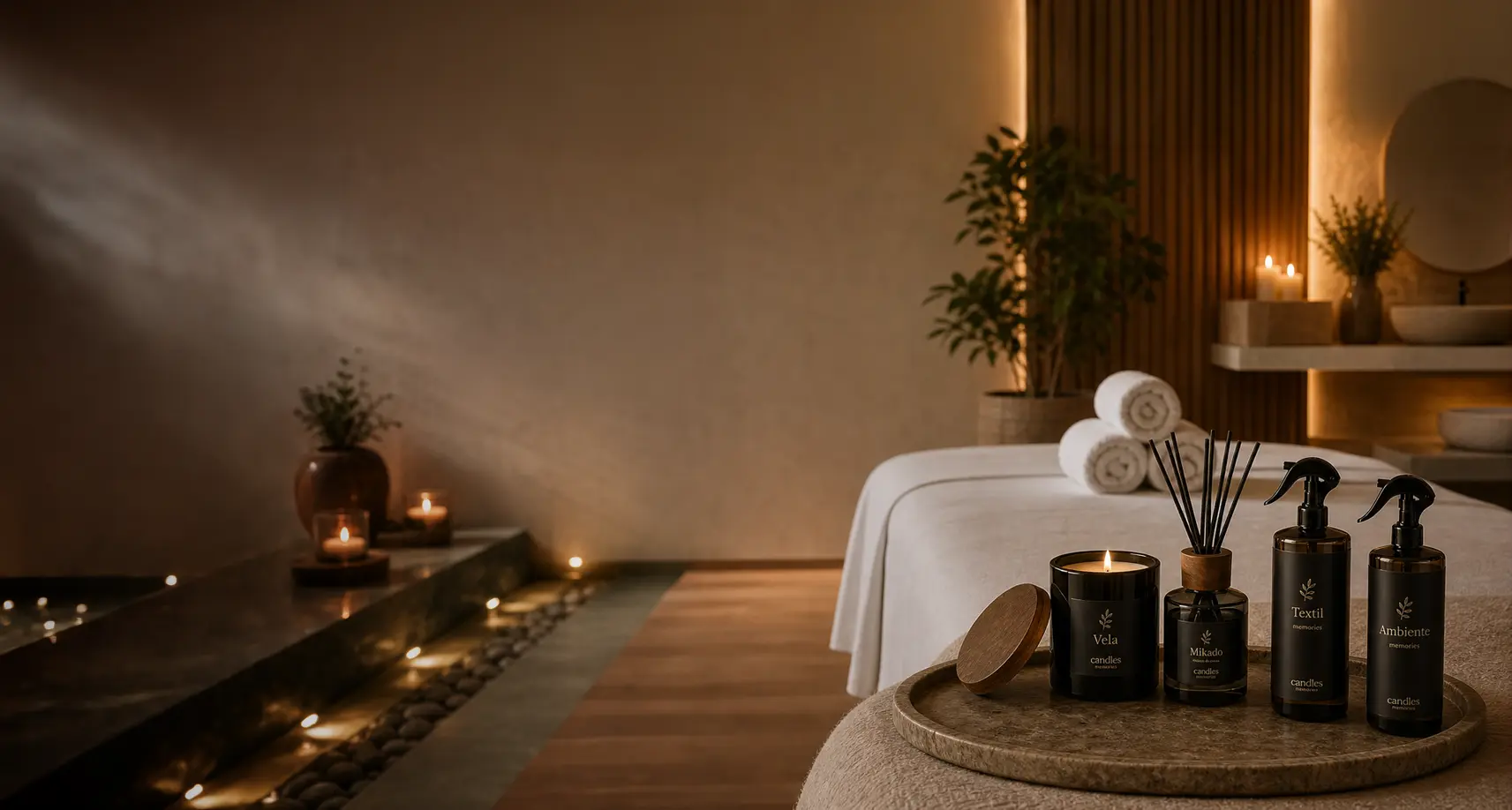 Ambiente relajante con mikado y vela aromática para marketing olfativo.